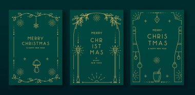 Modern Noel çerçeveleri ya da zümrüt yeşili arka planda tatil tebrik kartları. Çizgi sanat vektörü illüstrasyonu