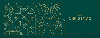 Zümrüt yeşili arka planda çizgi sanatı Noel tebrik kartı. Vektör illüstrasyonu