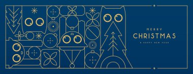 Line art Christmas holiday greeting card with funny cats on blue background. Vector illustration