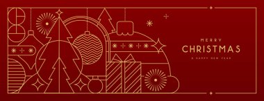 Line art Christmas holiday greeting card on red background. Vector illustration
