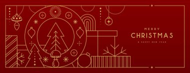 Line art Christmas holiday greeting card on red background. Vector illustration