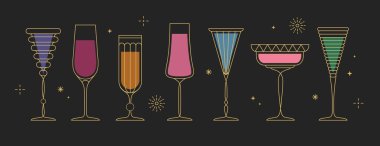 Siyah arka planda izole edilmiş sanat retro kokteylleri ya da şampanya bardakları. Vektör illüstrasyonu