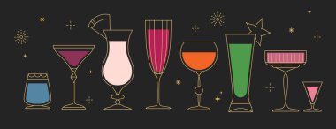 Siyah arka planda izole edilmiş eski sanat eserleri kokteylleri ve şampanya bardakları. Vektör illüstrasyonu