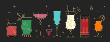 Siyah arka planda izole edilmiş eski sanat eserleri kokteylleri ve şampanya bardakları. Vektör illüstrasyonu