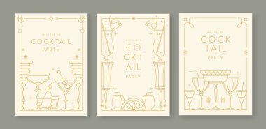 Kokteyl ve şampanya kadehli eski moda parti posterleri. Tatil çerçeveleri. Vektör illüstrasyonu