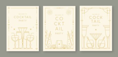 Kokteyl ve şampanya kadehli eski moda parti posterleri. Tatil çerçeveleri. Vektör illüstrasyonu