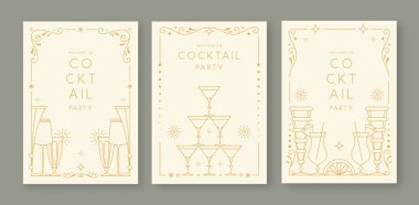 Kokteyl ve şampanya kadehli eski moda parti posterleri. Tatil çerçeveleri. Vektör illüstrasyonu