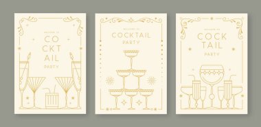 Kokteyl ve şampanya kadehli eski moda parti posterleri. Tatil çerçeveleri. Vektör illüstrasyonu