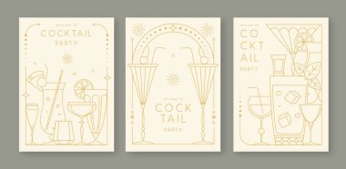 Kokteyl ve şampanya kadehli eski moda parti posterleri. Tatil çerçeveleri. Vektör illüstrasyonu
