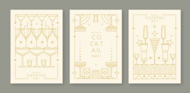 Kokteyl ve şampanya kadehli eski moda parti posterleri. Tatil çerçeveleri. Vektör illüstrasyonu