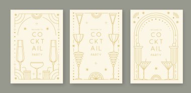 Kokteyl ve şampanya kadehli eski moda parti posterleri. Tatil çerçeveleri. Vektör illüstrasyonu