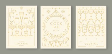 Kokteyl ve şampanya kadehli eski moda parti posterleri. Tatil çerçeveleri. Vektör illüstrasyonu