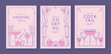 Kokteyl ve şampanya kadehli eski moda parti posterleri. Tatil çerçeveleri. Vektör illüstrasyonu