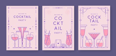 Kokteyl ve şampanya kadehli eski moda parti posterleri. Tatil çerçeveleri. Vektör illüstrasyonu
