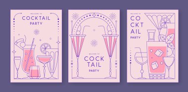 Kokteyl ve şampanya kadehli eski moda parti posterleri. Tatil çerçeveleri. Vektör illüstrasyonu