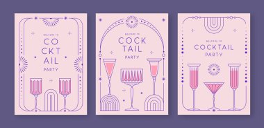 Kokteyl ve şampanya kadehli eski moda parti posterleri. Tatil çerçeveleri. Vektör illüstrasyonu