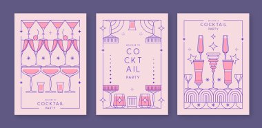 Kokteyl ve şampanya kadehli eski moda parti posterleri. Tatil çerçeveleri. Vektör illüstrasyonu