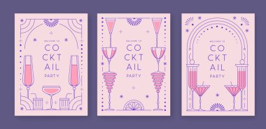 Kokteyl ve şampanya kadehli eski moda parti posterleri. Tatil çerçeveleri. Vektör illüstrasyonu