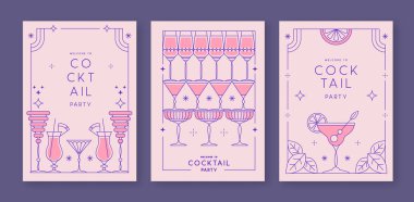 Kokteyl ve şampanya kadehli eski moda parti posterleri. Tatil çerçeveleri. Vektör illüstrasyonu