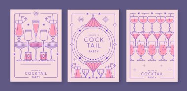Kokteyl ve şampanya kadehli eski moda parti posterleri. Tatil çerçeveleri. Vektör illüstrasyonu