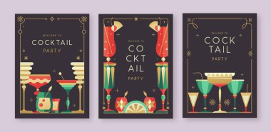 Kokteyl ve şampanya bardaklı tatil kokteyli posterleri. Restoran menüsü tasarımı. Çerçeve tasarımı. Vektör illüstrasyonu