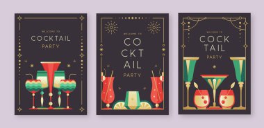 Kokteyl ve şampanya bardaklı tatil kokteyli posterleri. Restoran menüsü tasarımı. Çerçeve tasarımı. Vektör illüstrasyonu