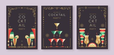 Kokteyl ve şampanya bardaklı tatil kokteyli posterleri. Restoran menüsü tasarımı. Çerçeve tasarımı. Vektör illüstrasyonu