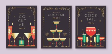 Kokteyl ve şampanya bardaklı tatil kokteyli posterleri. Restoran menüsü tasarımı. Çerçeve tasarımı. Vektör illüstrasyonu
