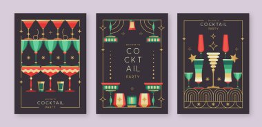 Kokteyl ve şampanya bardaklı tatil kokteyli posterleri. Restoran menüsü tasarımı. Çerçeve tasarımı. Vektör illüstrasyonu