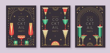 Kokteyl ve şampanya bardaklı tatil kokteyli posterleri. Restoran menüsü tasarımı. Çerçeve tasarımı. Vektör illüstrasyonu