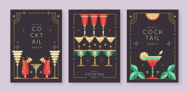 Kokteyl ve şampanya bardaklı tatil kokteyli posterleri. Restoran menüsü tasarımı. Çerçeve tasarımı. Vektör illüstrasyonu