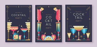 Kokteyl ve şampanya bardaklı tatil kokteyli posterleri. Restoran menüsü tasarımı. Çerçeve tasarımı. Vektör illüstrasyonu