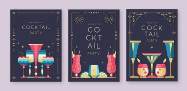 Kokteyl ve şampanya bardaklı tatil kokteyli posterleri. Restoran menüsü tasarımı. Çerçeve tasarımı. Vektör illüstrasyonu