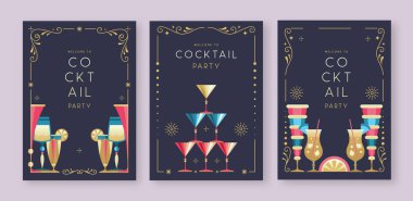 Kokteyl ve şampanya bardaklı tatil kokteyli posterleri. Restoran menüsü tasarımı. Çerçeve tasarımı. Vektör illüstrasyonu