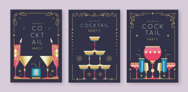 Kokteyl ve şampanya bardaklı tatil kokteyli posterleri. Restoran menüsü tasarımı. Çerçeve tasarımı. Vektör illüstrasyonu