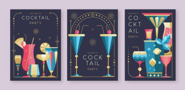 Kokteyl ve şampanya bardaklı tatil kokteyli posterleri. Restoran menüsü tasarımı. Çerçeve tasarımı. Vektör illüstrasyonu