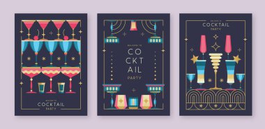 Kokteyl ve şampanya bardaklı tatil kokteyli posterleri. Restoran menüsü tasarımı. Çerçeve tasarımı. Vektör illüstrasyonu