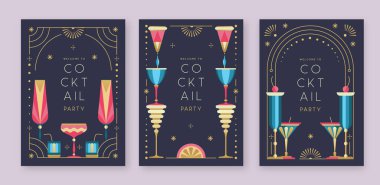 Kokteyl ve şampanya bardaklı tatil kokteyli posterleri. Restoran menüsü tasarımı. Çerçeve tasarımı. Vektör illüstrasyonu