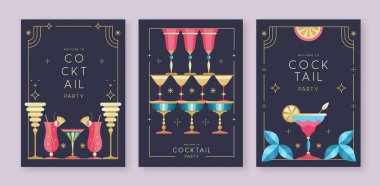 Kokteyl ve şampanya bardaklı tatil kokteyli posterleri. Restoran menüsü tasarımı. Çerçeve tasarımı. Vektör illüstrasyonu
