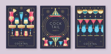 Kokteyl ve şampanya bardaklı tatil kokteyli posterleri. Restoran menüsü tasarımı. Çerçeve tasarımı. Vektör illüstrasyonu