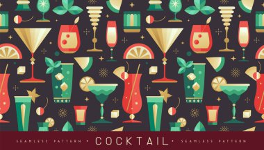 Kokteylli, meyveli ve şampanya bardaklı kusursuz bir tatil. Restoran menüsü tasarımı. Kokteyl geçmişi. Vektör illüstrasyonu