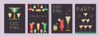 Kokteyl ve şampanya bardaklı tatil kokteyli posterleri. Restoran menüsü tasarımı. Vektör illüstrasyonu
