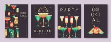 Kokteyl ve şampanya bardaklı tatil kokteyli posterleri. Restoran menüsü tasarımı. Vektör illüstrasyonu