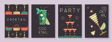 Kokteyl ve şampanya bardaklı tatil kokteyli posterleri. Restoran menüsü tasarımı. Vektör illüstrasyonu