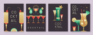 Kokteyl ve şampanya bardaklı tatil kokteyli posterleri. Restoran menüsü tasarımı. Vektör illüstrasyonu