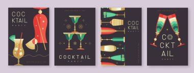 Kokteyl ve şampanya bardaklı tatil kokteyli posterleri. Restoran menüsü tasarımı. Vektör illüstrasyonu