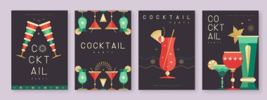Kokteyl ve şampanya bardaklı tatil kokteyli posterleri. Restoran menüsü tasarımı. Vektör illüstrasyonu