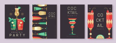 Kokteyl ve şampanya bardaklı tatil kokteyli posterleri. Restoran menüsü tasarımı. Vektör illüstrasyonu