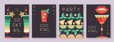Kokteyl ve şampanya bardaklı tatil kokteyli posterleri. Restoran menüsü tasarımı. Vektör illüstrasyonu