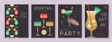 Kokteyl ve şampanya bardaklı tatil kokteyli posterleri. Restoran menüsü tasarımı. Vektör illüstrasyonu
